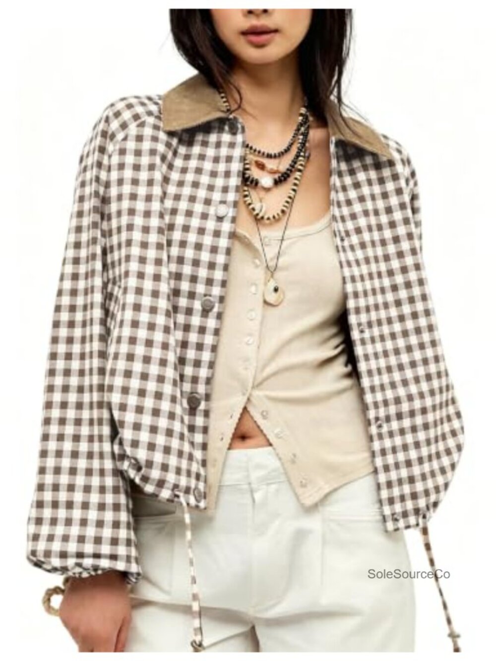 Women's Gingham Plaid Cropped Jacket Contrast Collar Drawstring Hem Casual